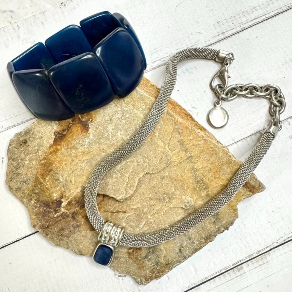 Mesh Chain Choker Necklace & Blue Wooden Panel Bracelet Silver Tone Jewelry Set